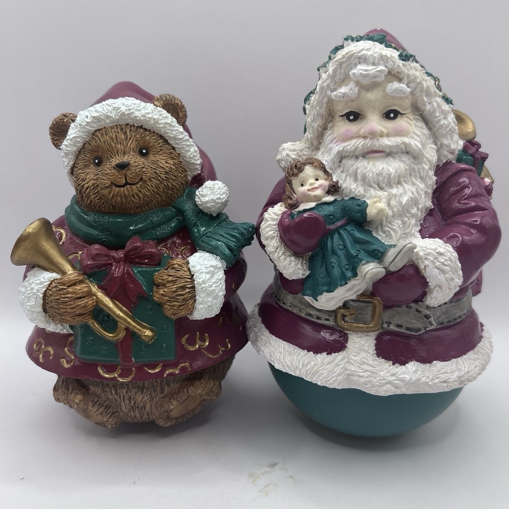 Set of 2 Roly Poly Santa Claus, Xmas Bear Carlton Cards Figurines Vtg 5.5"